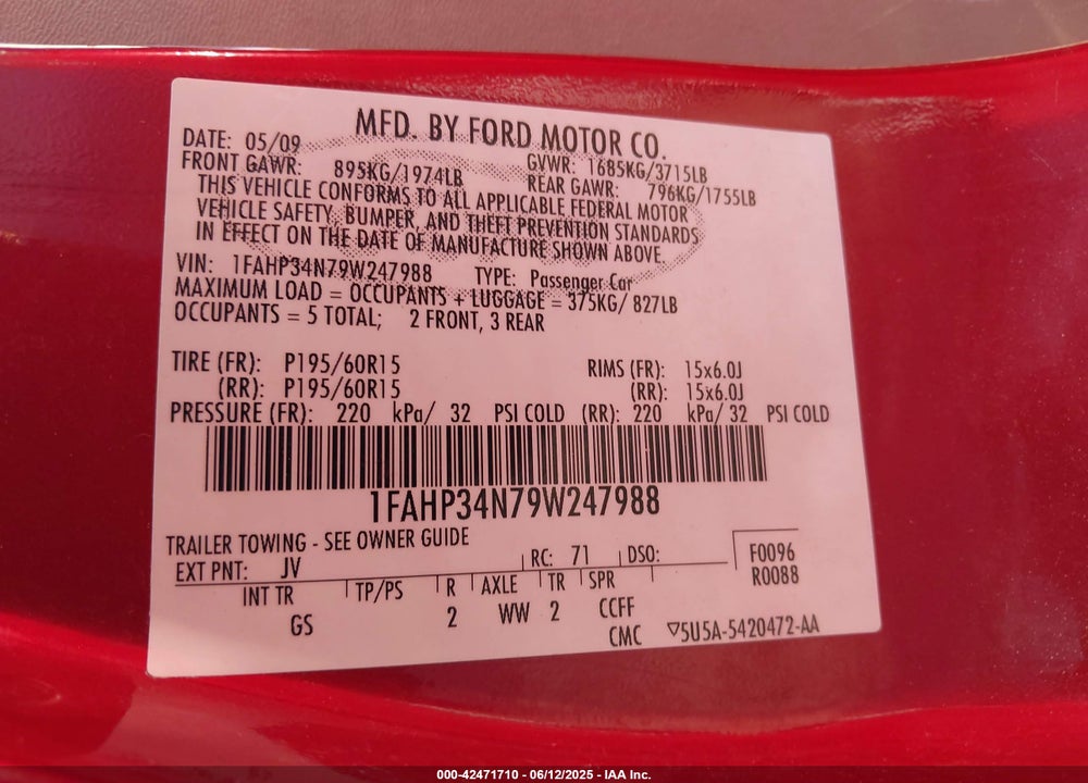 2009 FORD FOCUS S VIN: 1FAHP34N79W247988