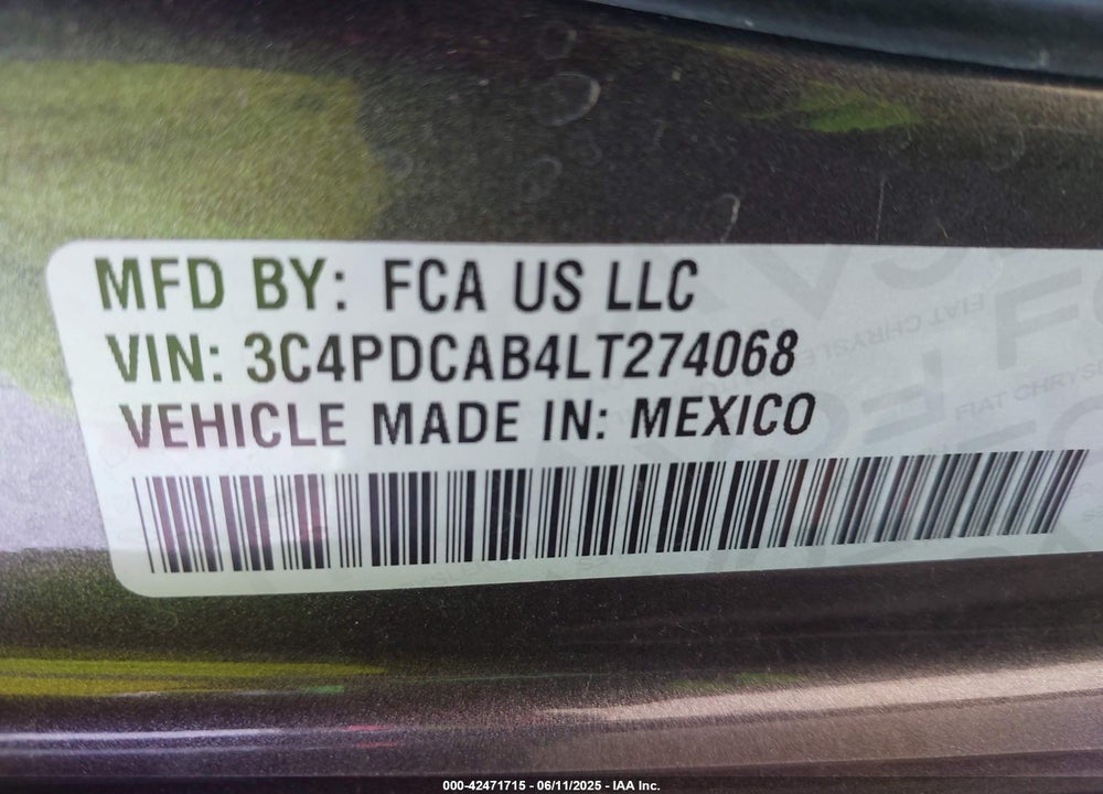 2020 DODGE JOURNEY VIN: 3C4PDCAB4LT274068
