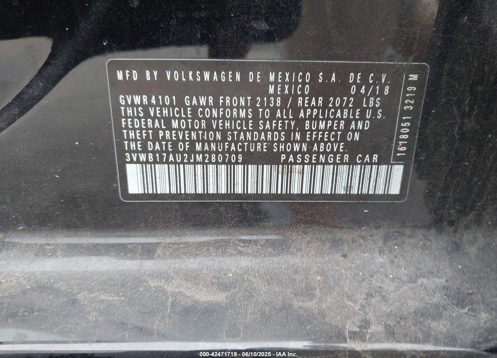 2018 VOLKSWAGEN GOLF TSI S/TSI SE VIN: 3VWB17AU2JM280709
