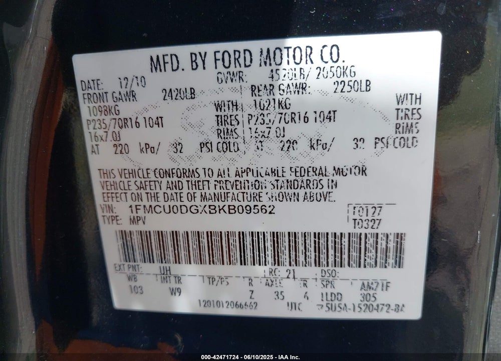 2011 FORD ESCAPE VIN: 1FMCU0DGXBKB09562
