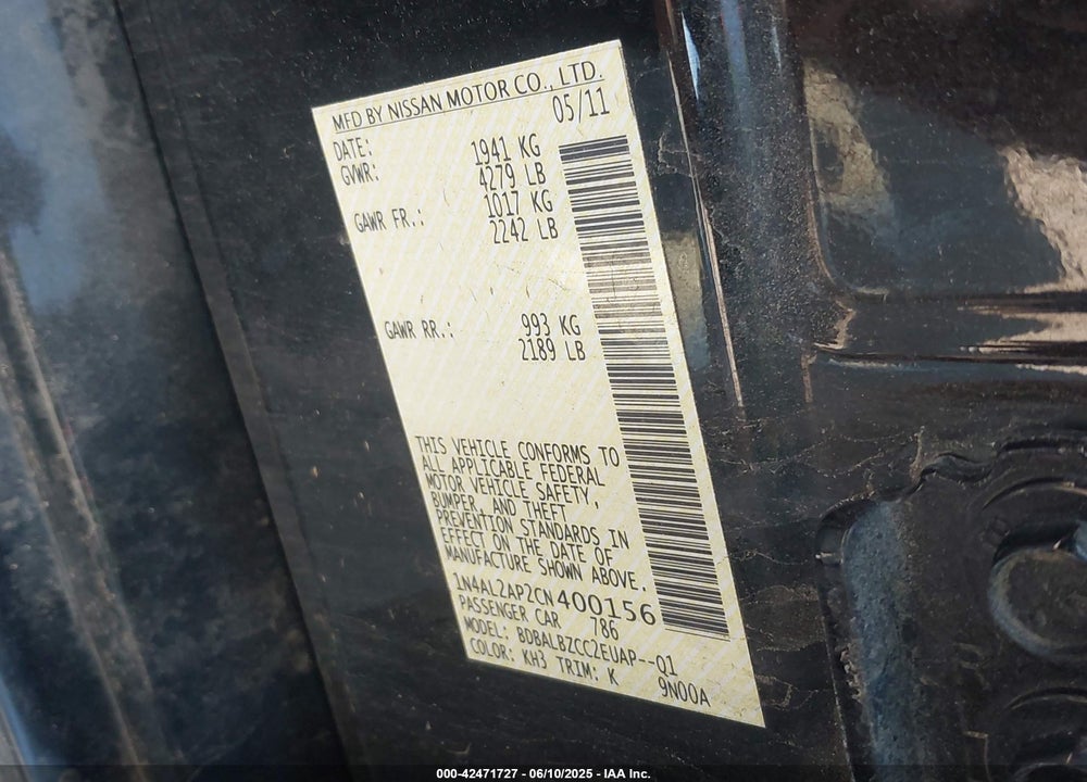 2012 NISSAN ALTIMA VIN: 1N4AL2AP2CN400156