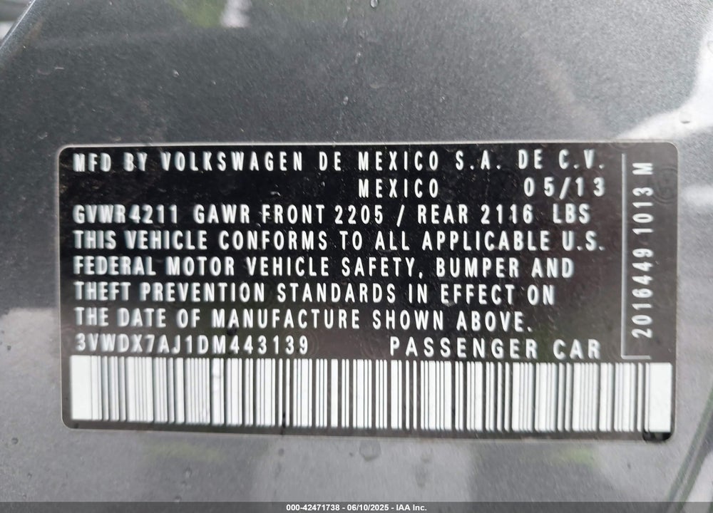2013 VOLKSWAGEN JETTA SEDAN VIN: 3VWDX7AJ1DM443139
