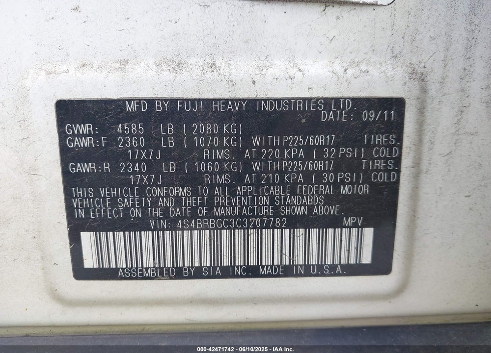 2012 SUBARU OUTBACK 2.5I PREMIUM VIN: 4S4BRBGC3C3207782