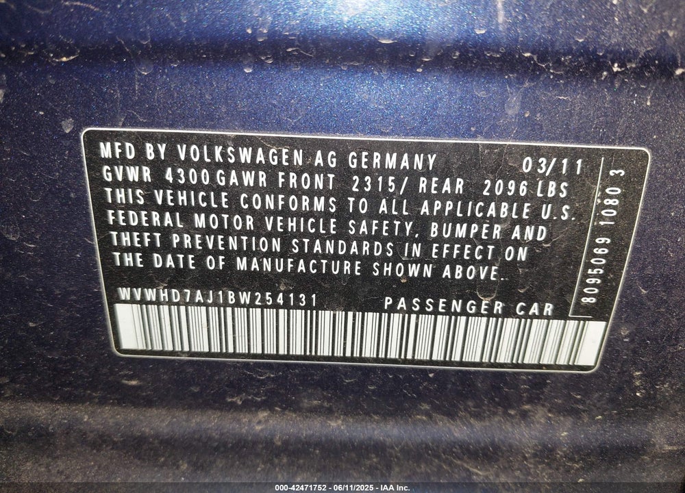 2011 VOLKSWAGEN GTI VIN: WVWHD7AJ1BW254131