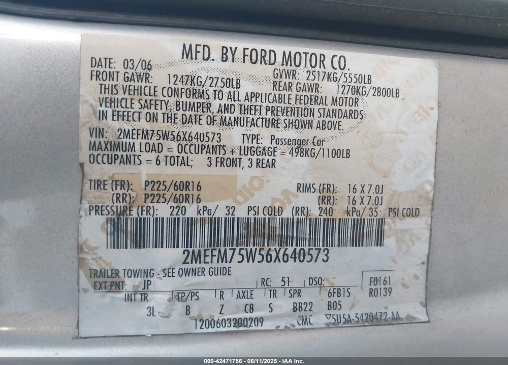 2006 MERCURY GRAND MARQUIS VIN: 2MEFM75W56X640573