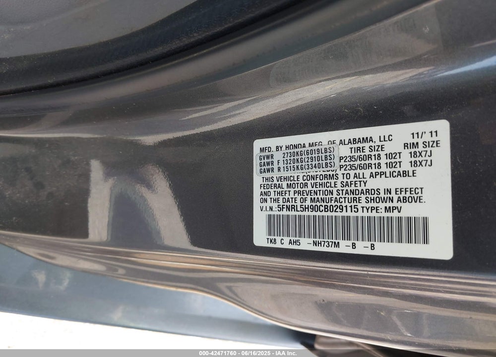 2012 HONDA ODYSSEY TOURING/TOURING ELITE VIN: 5FNRL5H90CB029115
