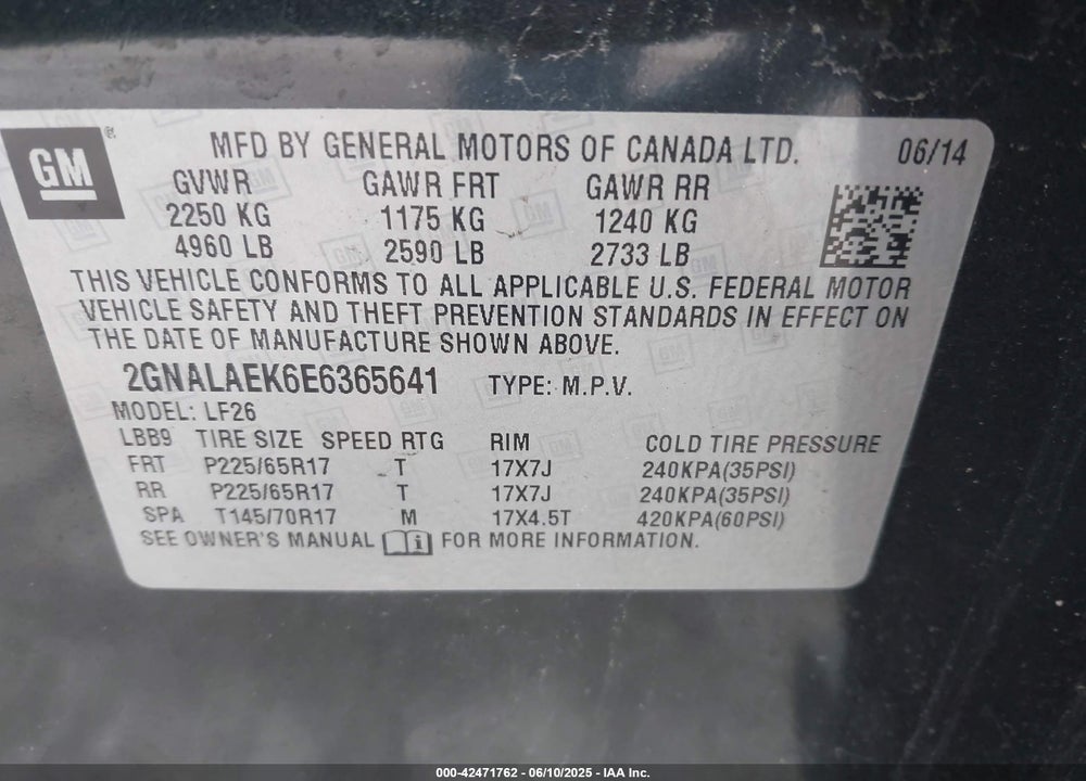 2014 CHEVROLET EQUINOX LS VIN: 2GNALAEK6E6365641