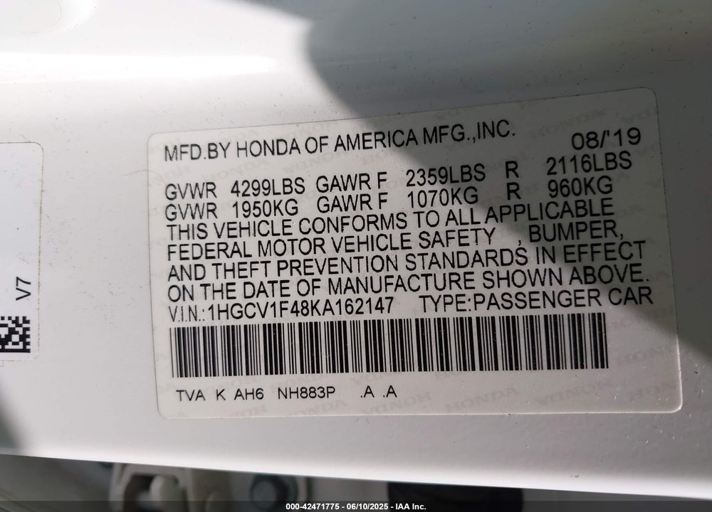 2019 HONDA ACCORD VIN: 1HGCV1F48KA162147