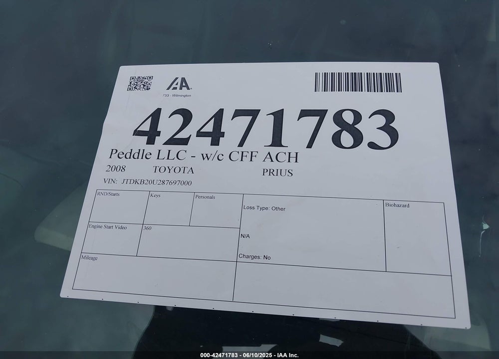 2008 TOYOTA PRIUS VIN: JTDKB20U287697000