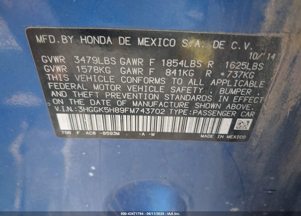 2015 HONDA FIT EX/EX-L VIN: 3HGGK5H89FM743702