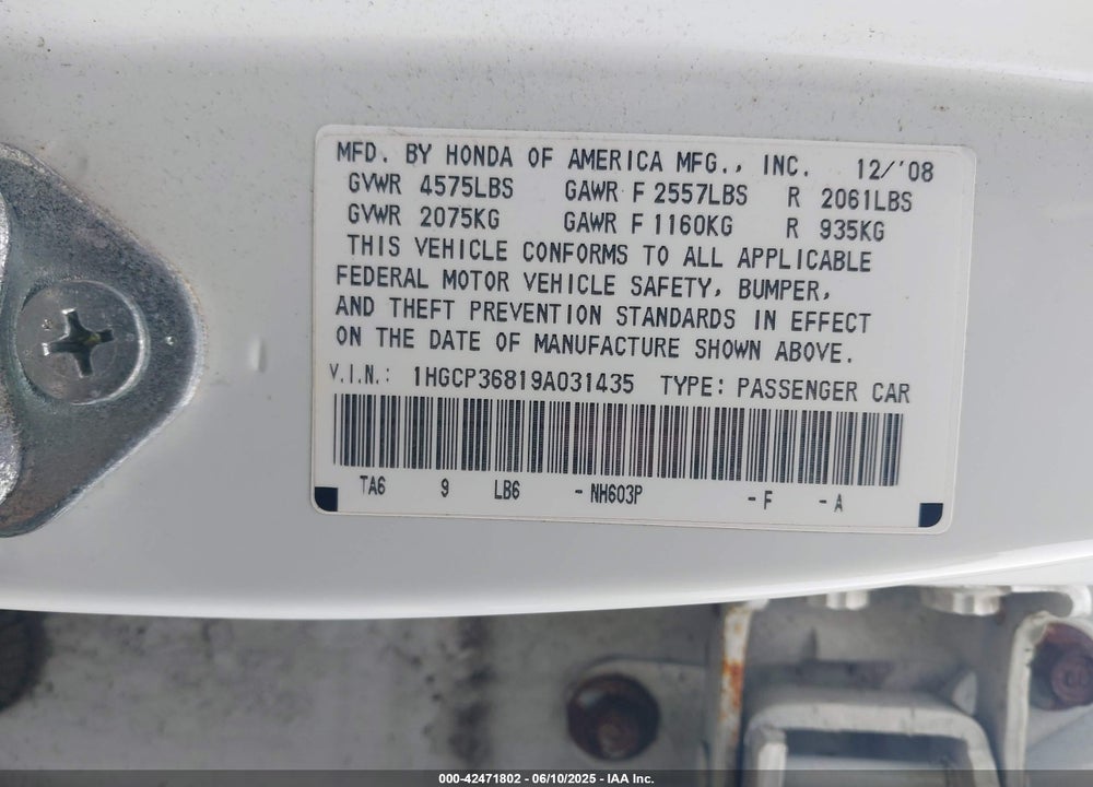 2009 HONDA ACCORD 3.5 EX-L VIN: 1HGCP36819A031435
