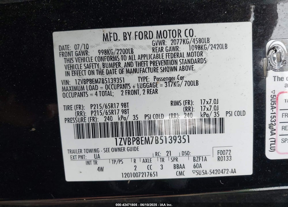 2011 FORD MUSTANG VIN: 1ZVBP8EM7B5139351