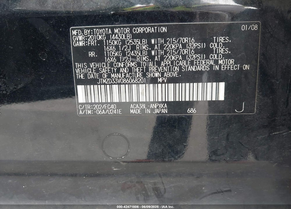 2008 TOYOTA RAV4 VIN: JTMZD33V086068201