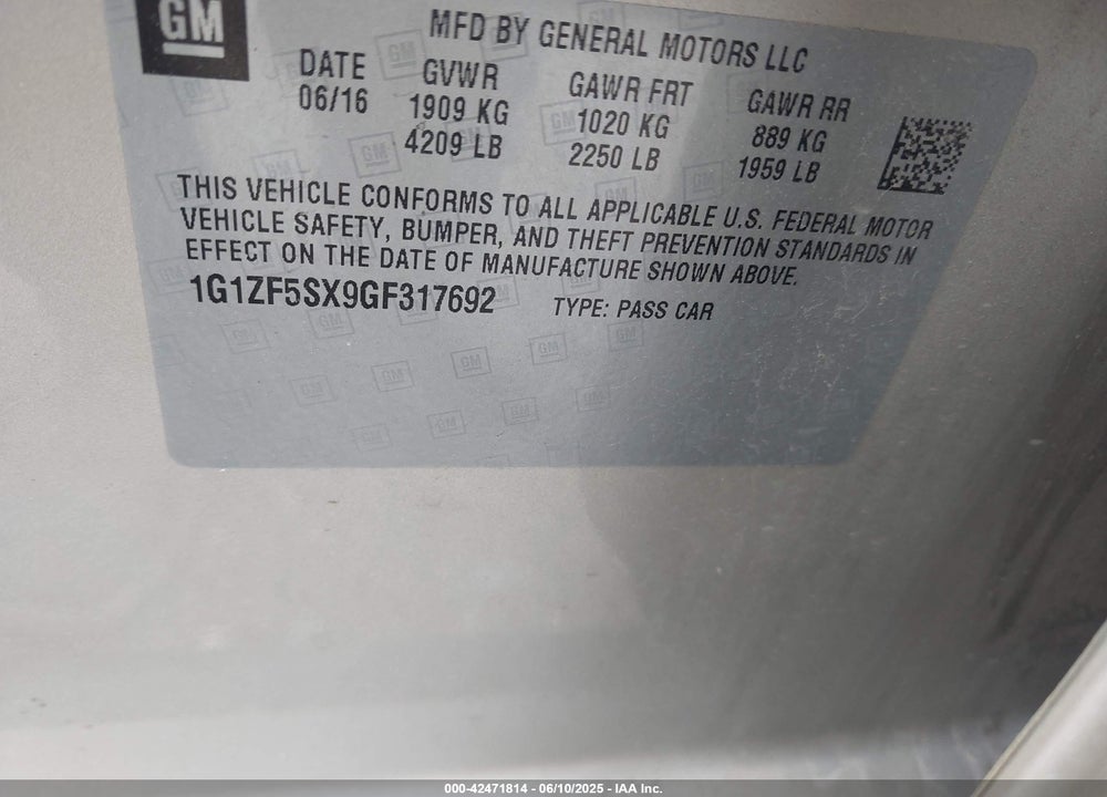 2016 CHEVROLET MALIBU VIN: 1G1ZF5SX9GF317692