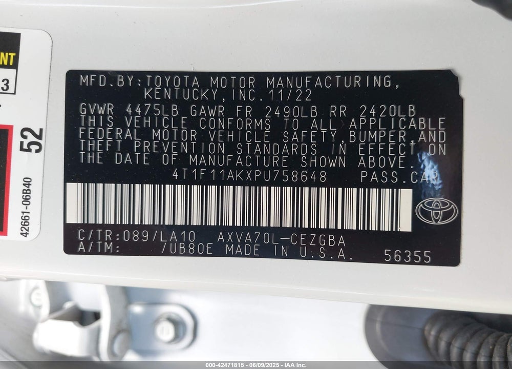 2023 TOYOTA CAMRY XLE VIN: 4T1F11AKXPU758648