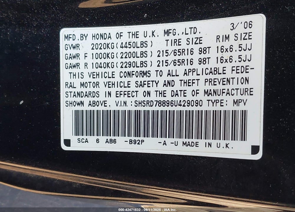 2006 HONDA CR-V VIN: SHSRD78896U429090