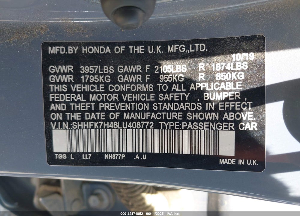 2020 HONDA CIVIC VIN: SHHFK7H48LU408772
