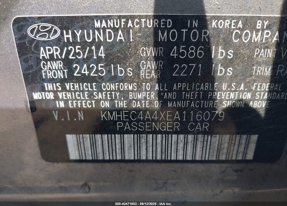2014 HYUNDAI SONATA HYBRID VIN: KMHEC4A4XEA116079