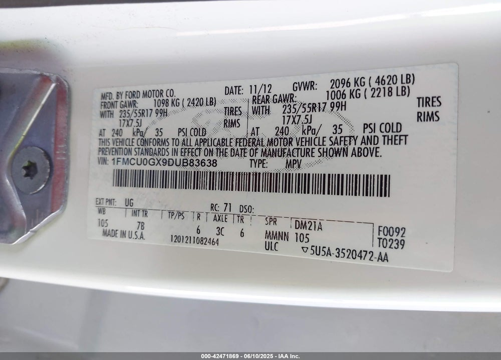 2013 FORD ESCAPE VIN: 1FMCU0GX9DUB83638