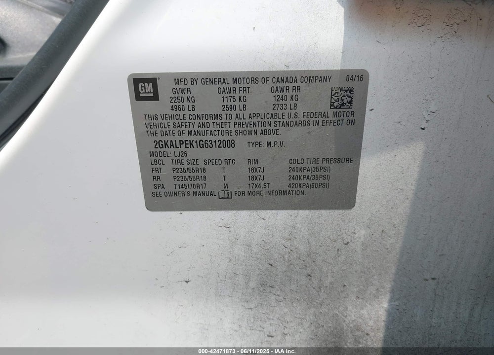 2016 GMC TERRAIN VIN: 2GKALPEK1G6312008