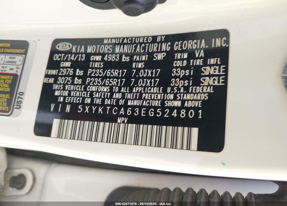 2014 KIA SORENTO VIN: 5XYKTCA63EG524801