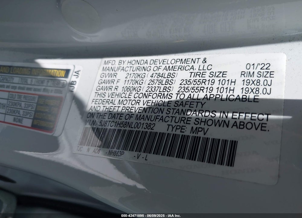 2022 ACURA RDX TECHNOLOGY PACKAGE VIN: 5J8TC1H58NL001382