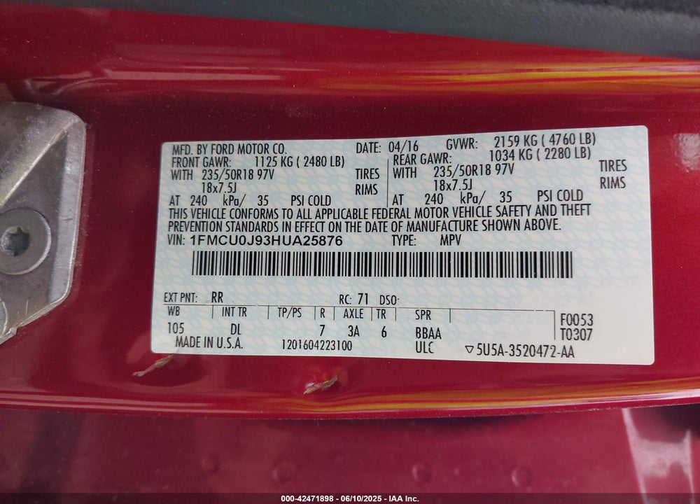 2017 FORD ESCAPE TITANIUM VIN: 1FMCU0J93HUA25876