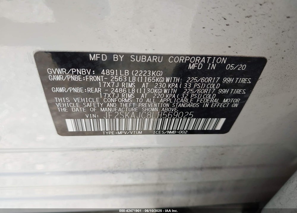 2020 SUBARU FORESTER VIN: JF2SKAJC8LH569025