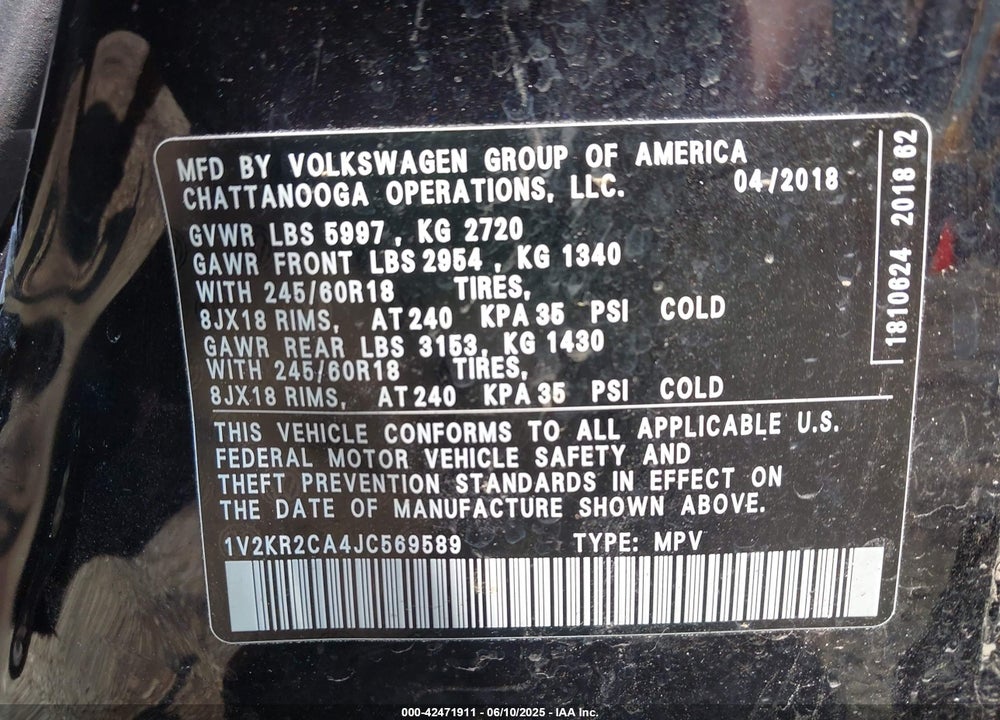 2018 VOLKSWAGEN ATLAS 3.6L V6 SE VIN: 1V2KR2CA4JC569589
