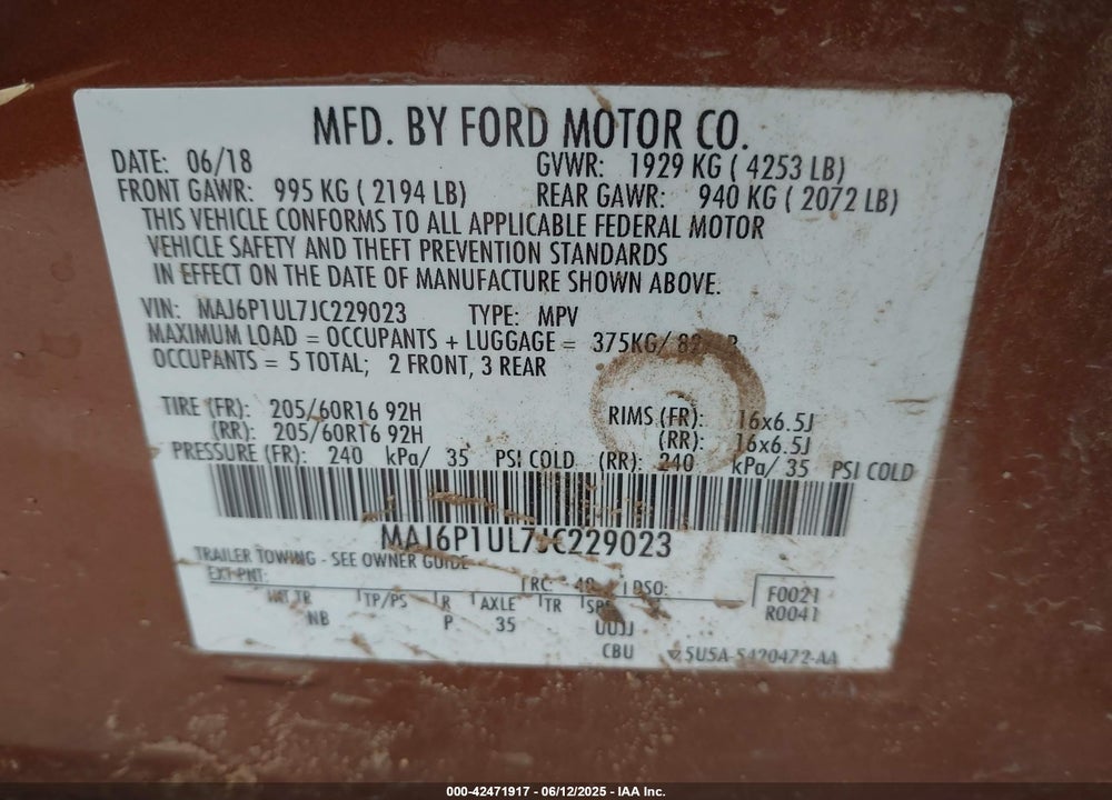 2018 FORD ECOSPORT VIN: MAJ6P1UL7JC229023