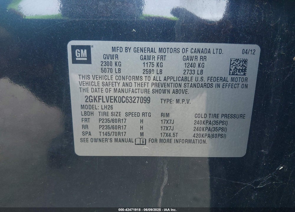 2012 GMC TERRAIN SLT-1 VIN: 2GKFLVEK0C6327099