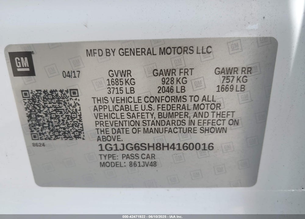 2017 CHEVROLET SONIC VIN: 1G1JG6SH8H4160016