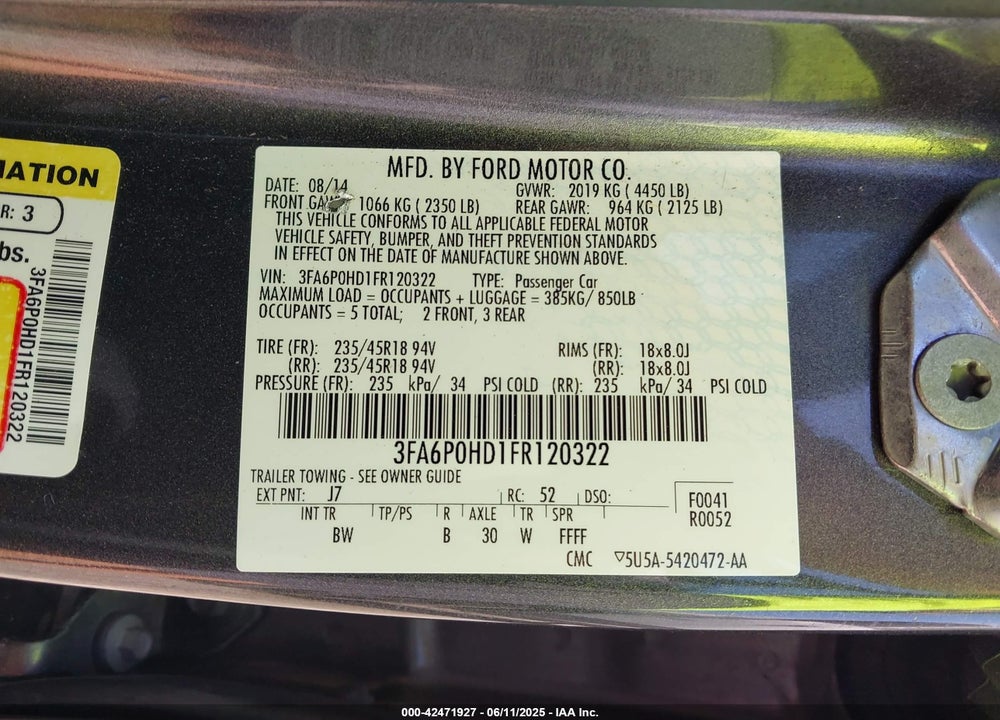 2015 FORD FUSION VIN: 3FA6P0HD1FR120322