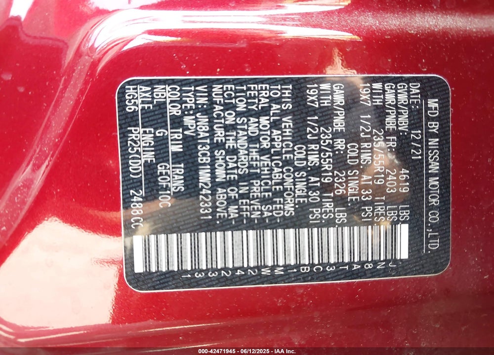 2021 NISSAN ROGUE SL INTELLIGENT AWD VIN: JN8AT3CB1MW242331