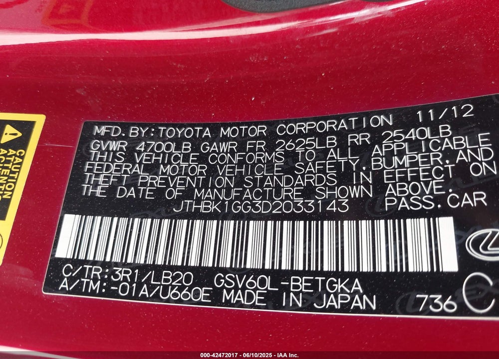 2013 LEXUS ES 350 VIN: JTHBK1GG3D2033143