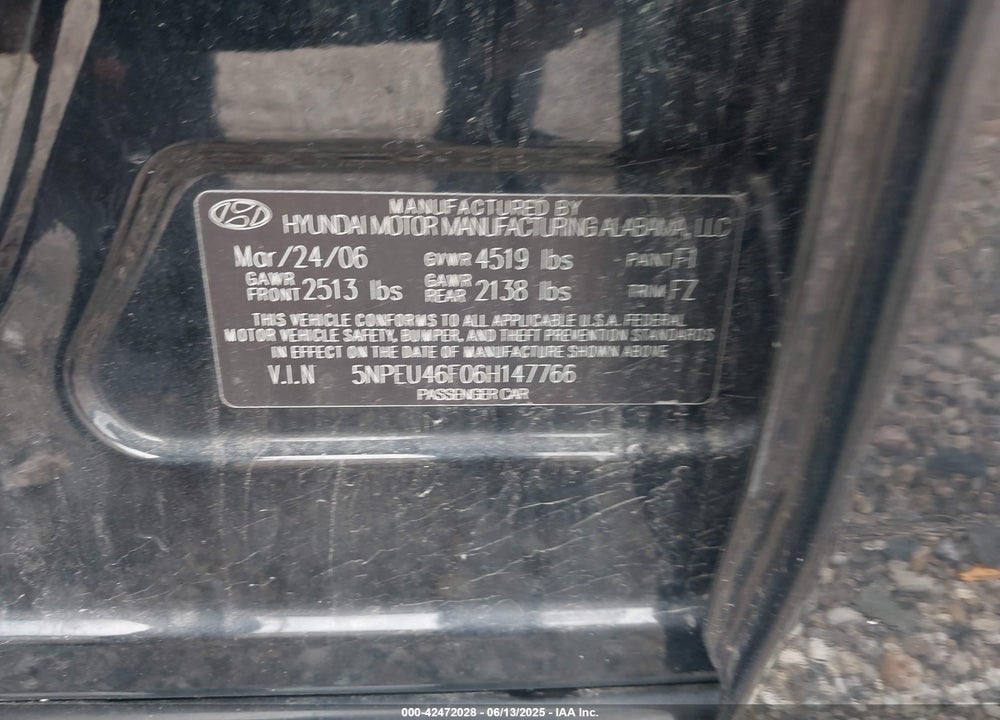 2006 HYUNDAI SONATA VIN: 5NPEU46F06H147766
