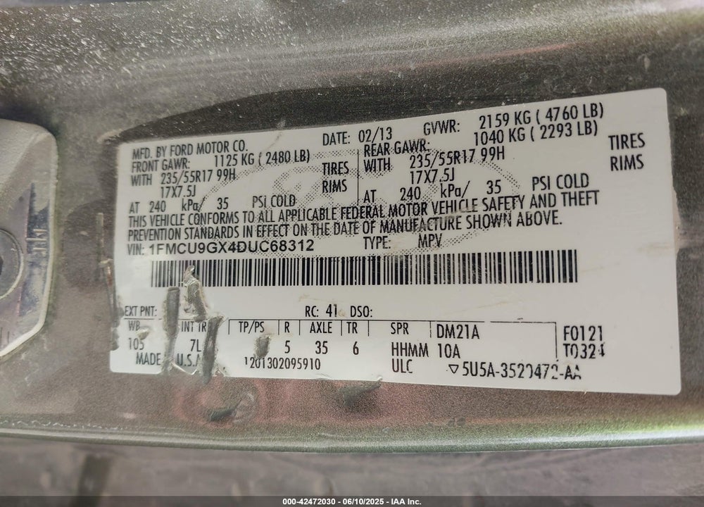 2013 FORD ESCAPE VIN: 1FMCU9GX4DUC68312
