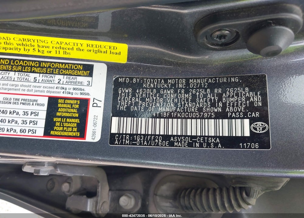2012 TOYOTA CAMRY SE VIN: 4T1BF1FK0CU057975