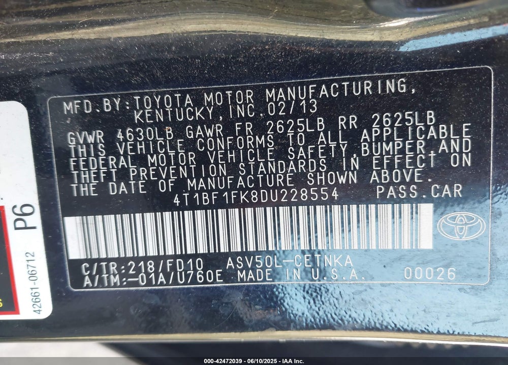2013 TOYOTA CAMRY VIN: 4T1BF1FK8DU228554