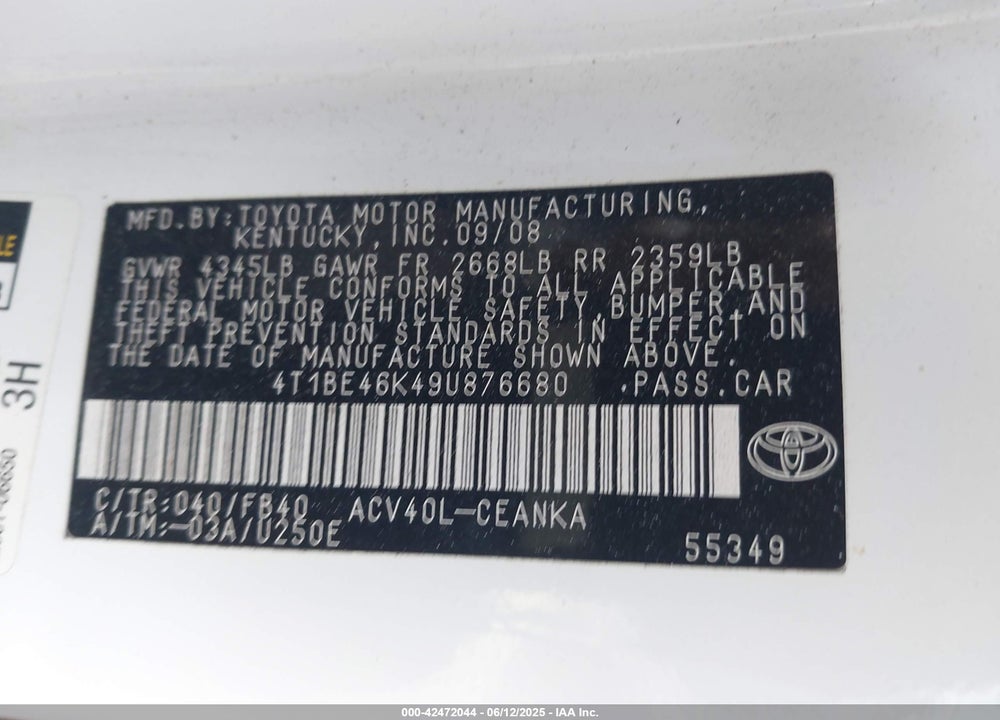 2009 TOYOTA CAMRY VIN: 4T1BE46K49U876680
