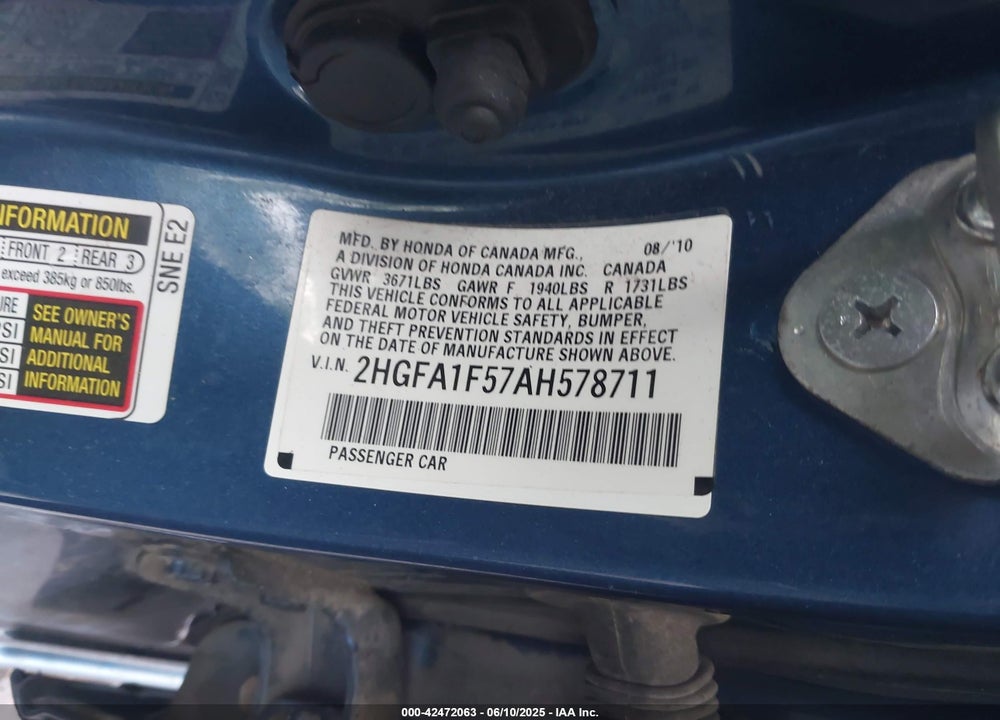 2010 HONDA CIVIC LX VIN: 2HGFA1F57AH578711