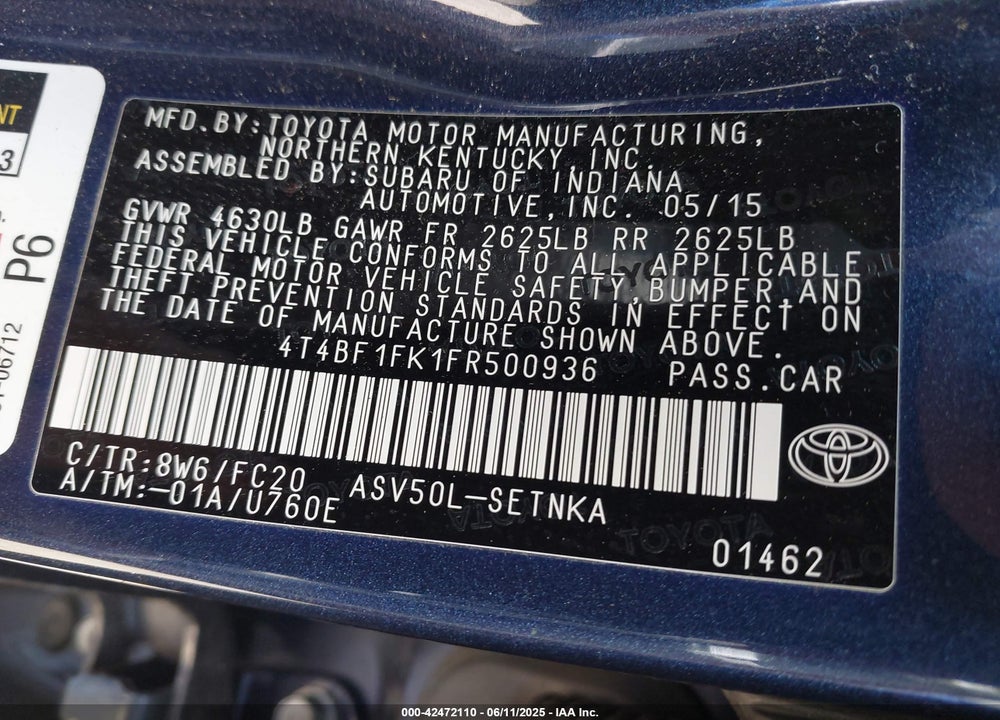 2015 TOYOTA CAMRY VIN: 4T4BF1FK1FR500936