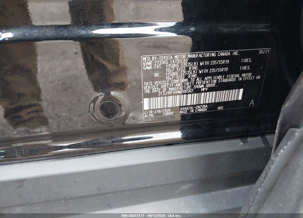 2021 TOYOTA RAV4 VIN: 2T3J1RFV4MW206562