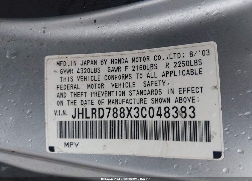 2003 HONDA CR-V VIN: JHLRD788X3C048383