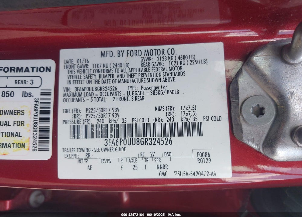 2016 FORD FUSION HYBRID VIN: 3FA6P0UU8GR324526