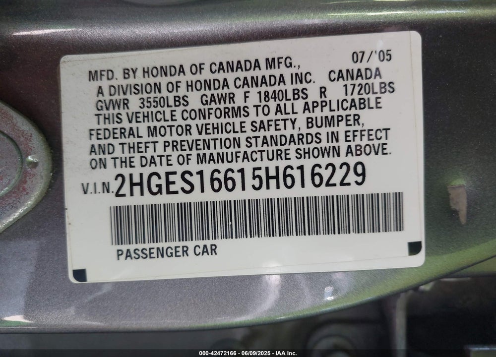 2005 HONDA CIVIC LX VIN: 2HGES16615H616229