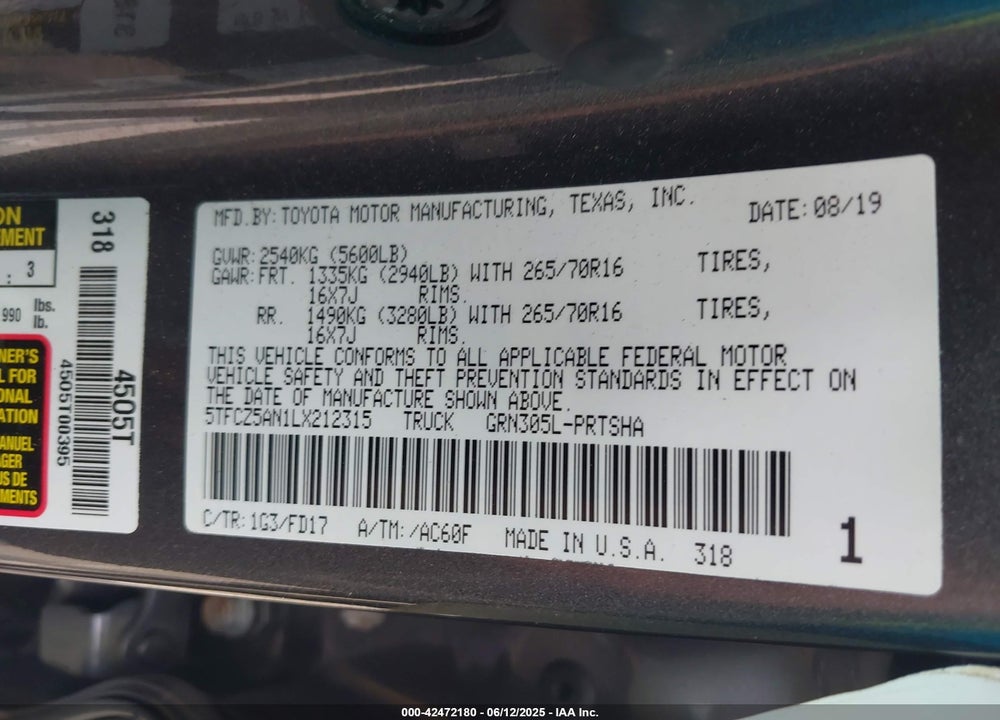 2020 TOYOTA TACOMA VIN: 5TFCZ5AN1LX212315