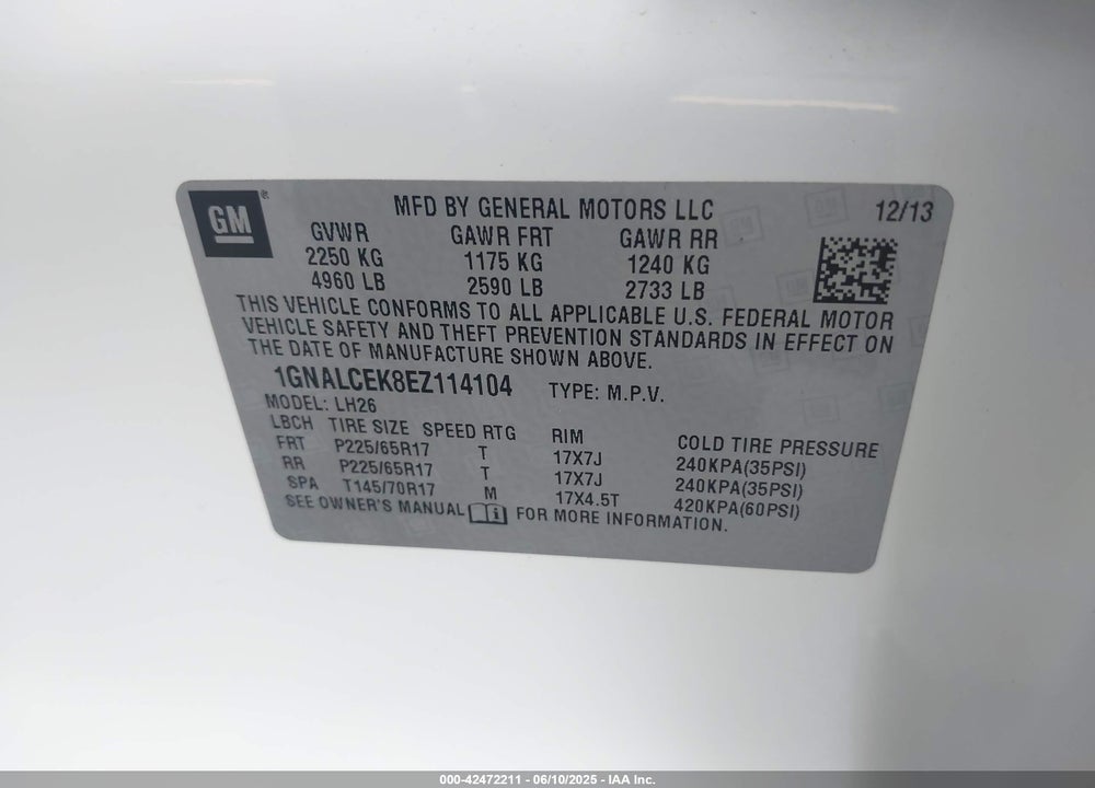 2014 CHEVROLET EQUINOX 2LT VIN: 1GNALCEK8EZ114104