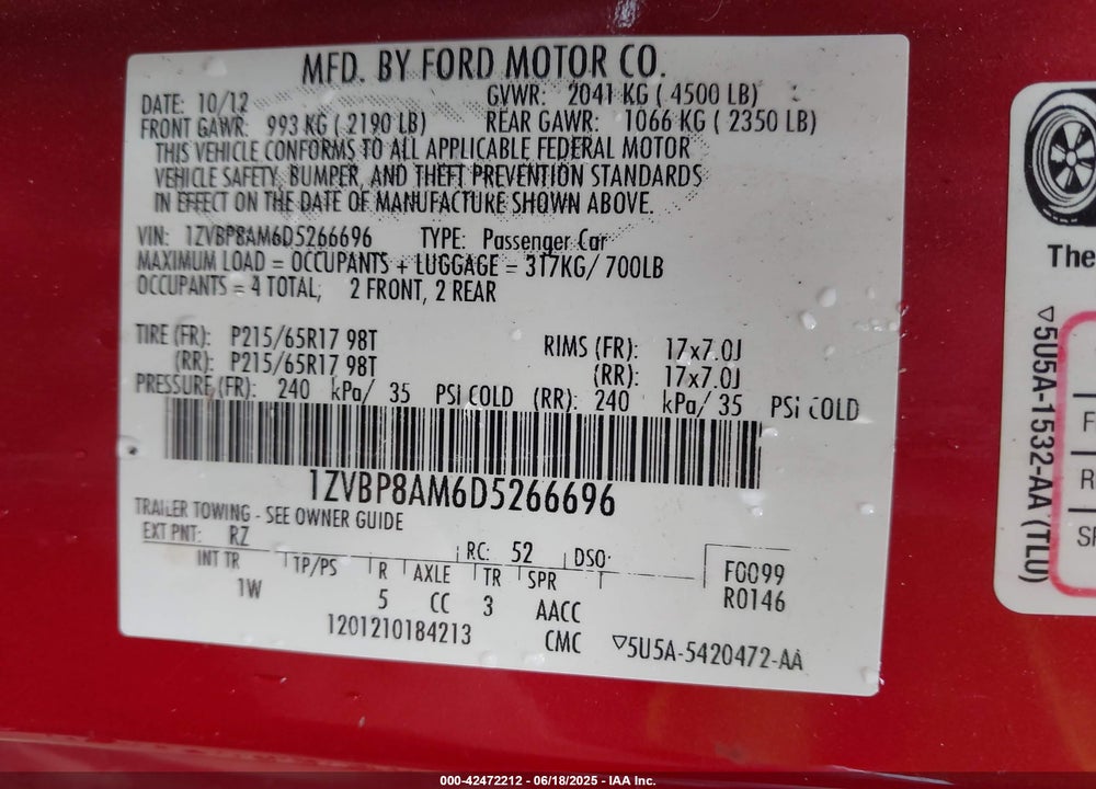2013 FORD MUSTANG VIN: 1ZVBP8AM6D5266696