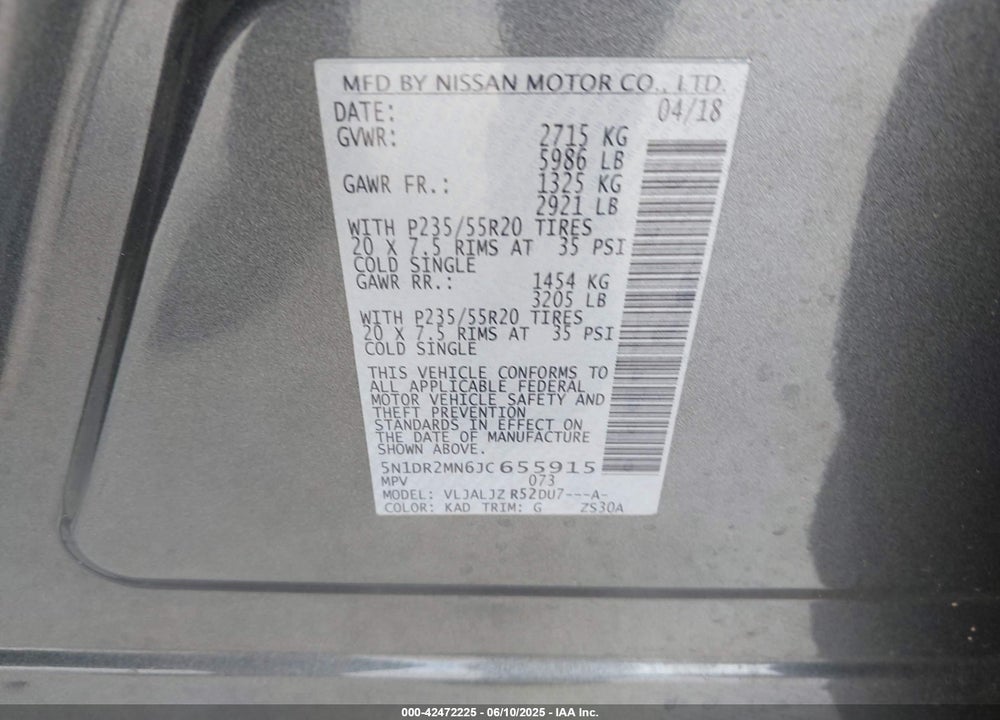 2018 NISSAN PATHFINDER VIN: 5N1DR2MN6JC655915